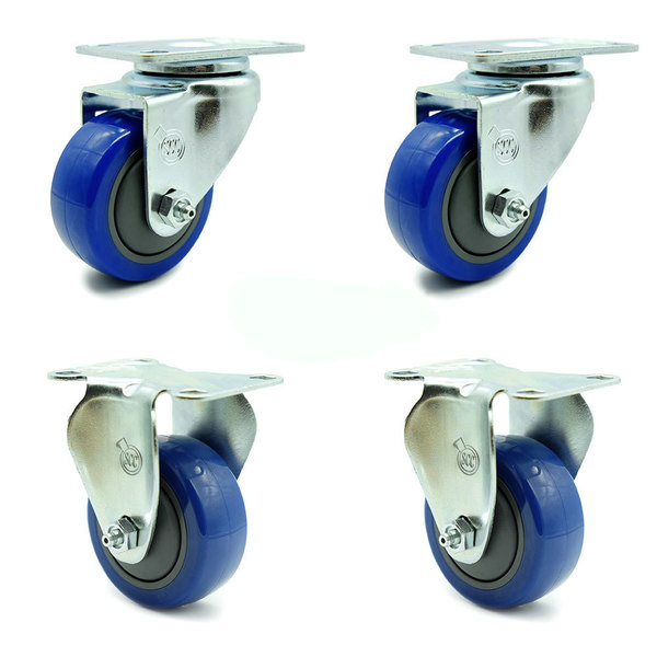 Service Caster 3.5 Inch Blue Polyurethane Wheel Swivel Top Plate Caster Set with 2 Rigid SCC SCC-20S3514-PPUB-BLUE-TP2-2-R-2